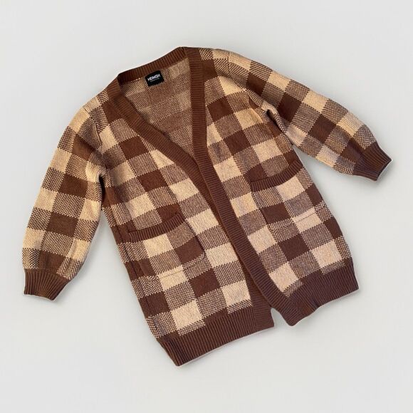 HEIMISH Womens Brown Plaid Open Duster Cardigan Heavy M/L Oversized Sweater Knit - Picture 1 of 5